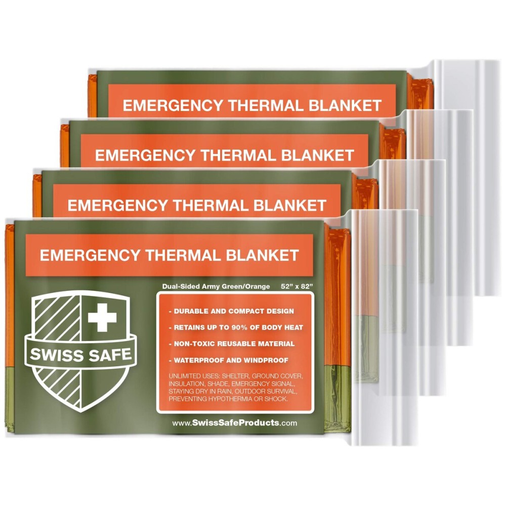 Swiss Safe 4 Pack Mylar Emergency Blankets for Survival - Compact & Insulated for Cold Weather - Designed for NASA, Outdoor, Running, Camping, Survival, First Aid Car Kit - Orange & Green, 4 Pack