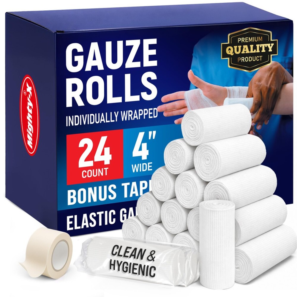 24 Gauze Rolls - 4 x 4.1yd - Soft and Breathable Rolled Gauze - Latex-Free Premium Individually Wrapped Bandages with Bonus Tape - First Aid Conforming Stretch Wrap for Wound Care - Vet Wrap