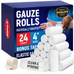 24 Gauze Rolls - 4 x 4.1yd - Soft and Breathable Rolled Gauze - Latex-Free Premium Individually Wrapped Bandages with Bonus Tape - First Aid Conforming Stretch Wrap for Wound Care - Vet Wrap