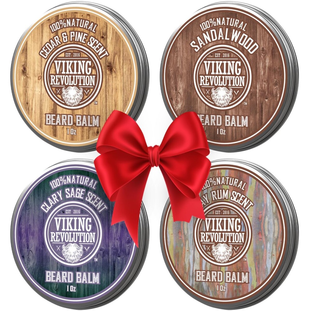 Viking Revolution 4 Beard Balm Variety Pack (1oz Each) - Sandalwood, Pine & Cedar, Bay Rum, Clary Sage - Styles, Strengthens and Softens Beards and Mustaches - Wax for Men