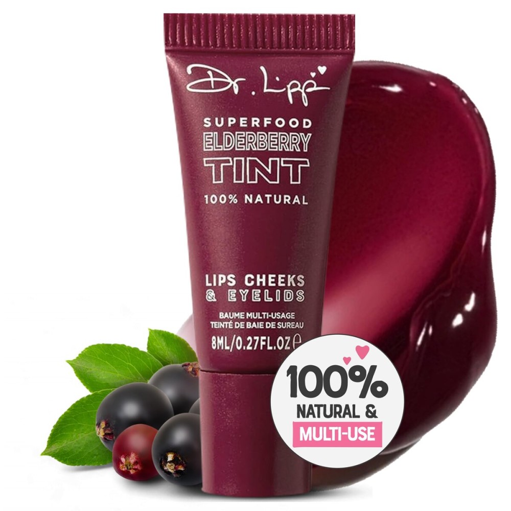 Dr. Lipp Superfood Lip Tint Elderberry 8ml - 4-in-ONE Ultra Moisturising Tinted Lip Balm, Lip Gloss, Cheek Blush & Glossy Eyeshadow - 100% Natural - Fragrance & Cruelty Free