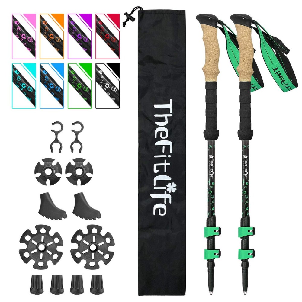 TheFitLife Carbon Fiber Trekking Poles - Collapsible and Telescopic Walking Sticks with Natural Cork Handle and Extended EVA Grips, Ultralight Nordic Hiking Poles for Backpacking Camping (Green)
