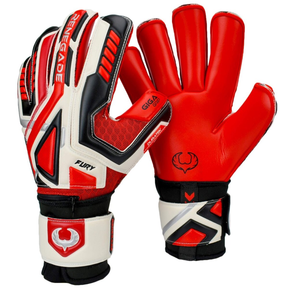 Renegade GK Fury Inferno Goalie Gloves with Pro-Tek Finger Protection | 4mm Giga Grip & 4mm Duratek | Red, White, Black Soccer Goalkeeper Gloves (Size 11, Adult, Mens, Roll Cut, Level 4)