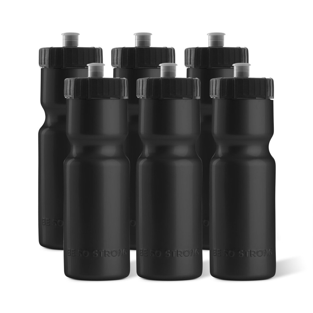 50 Strong Sports Water Bottles 6-Pack - Reusable 22 oz BPA-Free Plastic Bottles with Pull Top Cap - Made in USA - Top Rack Dishwasher Safe - Fits Most Bike Cages Brand - Black
