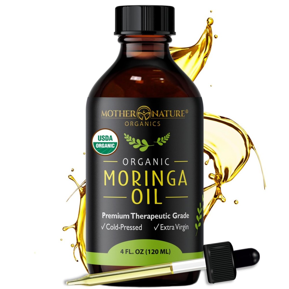 Mother Nature USDA Organic Moringa Seed Oil, 100% Pure, Cold-Pressed, Unrefined Oil for Face, Skin Care & Hair Growth, Aceite de Moringa para la Cara, Anti-Aging. Non-GMO & Gluten Free (4 Oz)