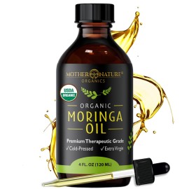 Mother Nature USDA Organic Moringa Seed Oil, 100% Pure, Cold-Pressed, Unrefined Oil for Face, Skin Care & Hair Growth, Aceite de Moringa para la Cara, Anti-Aging. Non-GMO & Gluten Free (4 Oz)