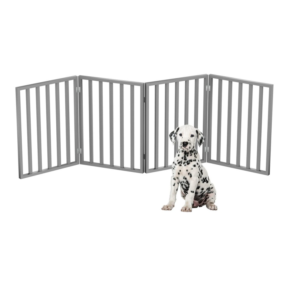 Pet Gate - 4-Panel Indoor Foldable Dog Fence for Stairs, Hallways, or Doorways - 72x24-Inch Retractable Wood Freestanding Dog Gates by PETMAKER (Gray)