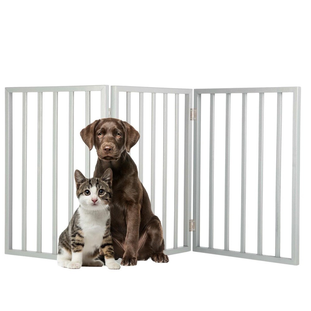 Pet Gate - 3-Panel Indoor Foldable Dog Fence for Stairs, Hallways, or Doorways - 54x24-Inch Retractable Wood Freestanding Dog Gates by PETMAKER (Gray)