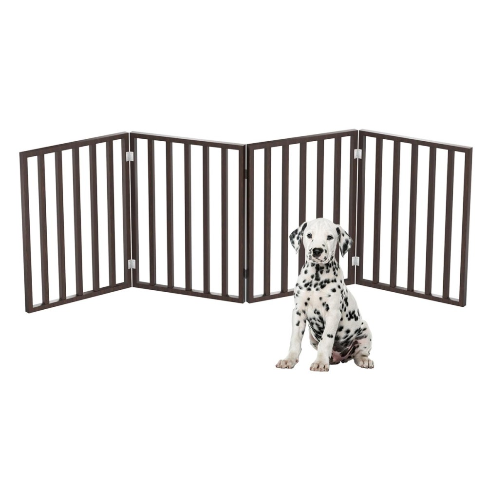 Pet Gate - 4-Panel Indoor Foldable Dog Fence for Stairs, Hallways or Doorways - 72x24-Inch Retractable Wood Freestanding Dog Gates by PETMAKER (Brown)