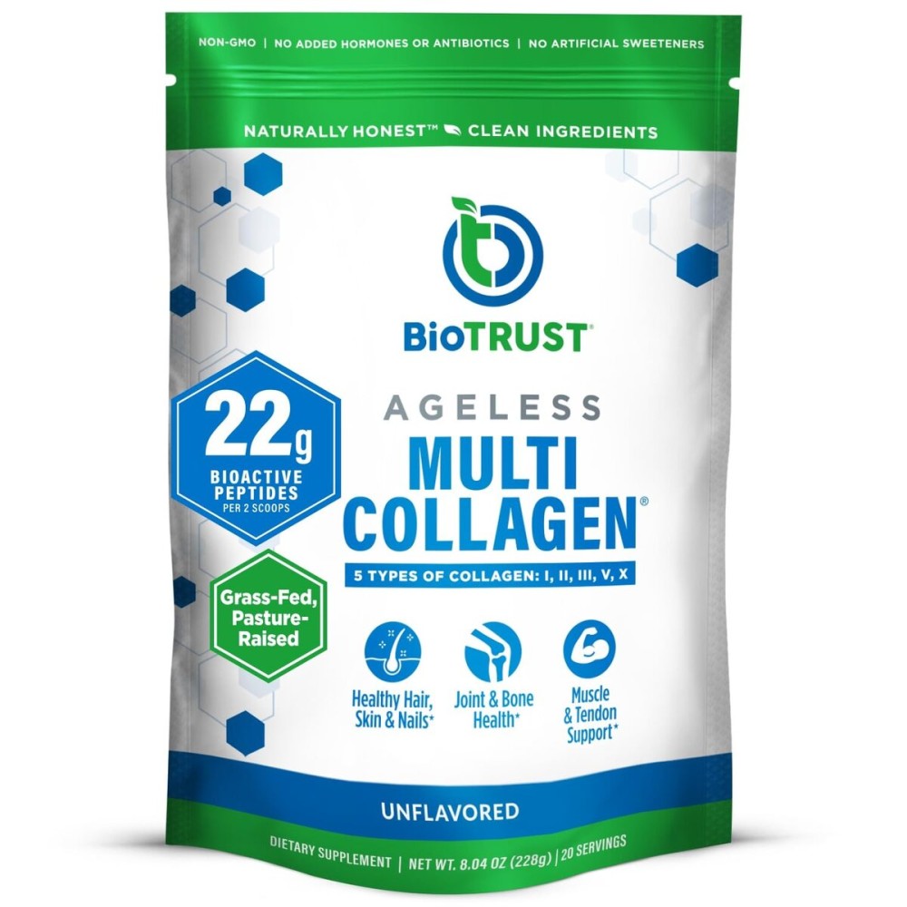 BioTrust Ageless Multi Collagen Peptides Powder - 5 Types (I, II, III, V, X) - Unflavored Collagen Powder for Women & Men - Hydrolyzed Protein - Grass Fed Beef, Fish, Chicken, Eggshell Membrane
