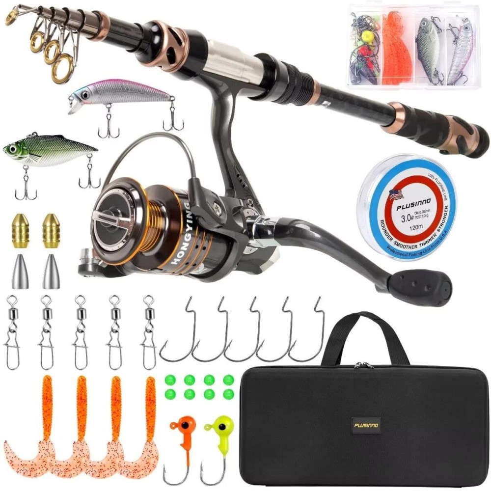 PLUSINNO Fishing Rod and Reel Combos -24 Ton Carbon Fiber Telescopic Fishing Pole - Spinning Reel 12 +1 Shielded Bearings Stainless Steel BB-Free Carrier Bag Case, Travel Saltwater Freshwater Fishing