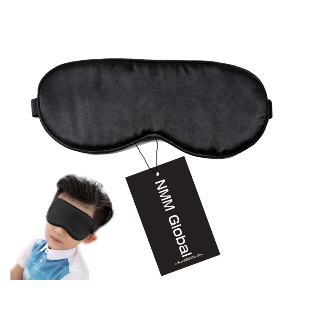 NMM Global 100% Natural Silk Sleep Eye Mask Kids, Cute Night Sleeping Mask with Adjustable Elastic Strap for Girls Boys Child (Black Small)