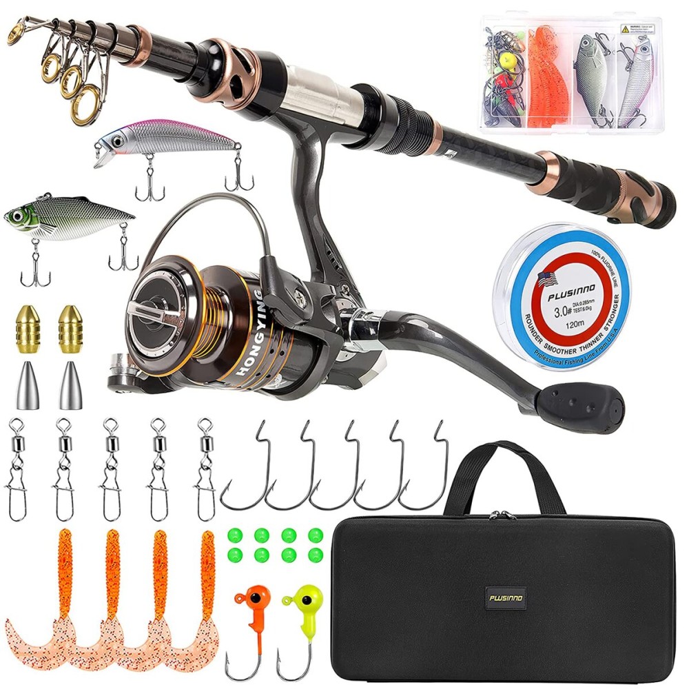 PLUSINNO Fishing Rod and Reel Combos -24 Ton Carbon Fiber Telescopic Fishing Pole - Spinning Reel 12 +1 Shielded Bearings Stainless Steel BB-Free Carrier Bag Case, Travel Saltwater Freshwater Fishing