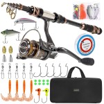 PLUSINNO Fishing Rod and Reel Combos -24 Ton Carbon Fiber Telescopic Fishing Pole - Spinning Reel 12 +1 Shielded Bearings Stainless Steel BB-Free Carrier Bag Case, Travel Saltwater Freshwater Fishing
