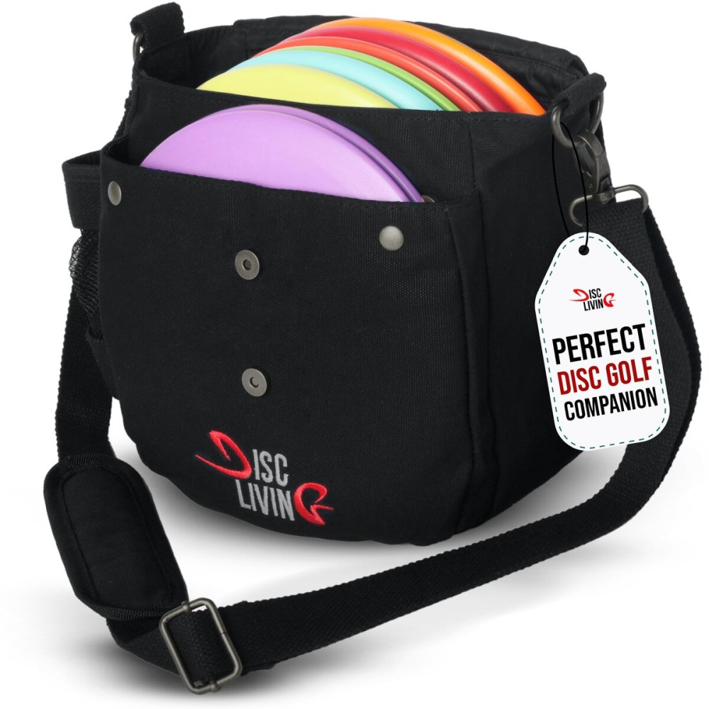 Disc Living Disc Golf Bag | Frisbee Golf Bag | Easy to Carry | Lightweight Fits Up to 10 Discs | 16 oz Waxed Canvas Sturdy Design | Belt Loop | Double Button Design | Bottle Holder (Black)