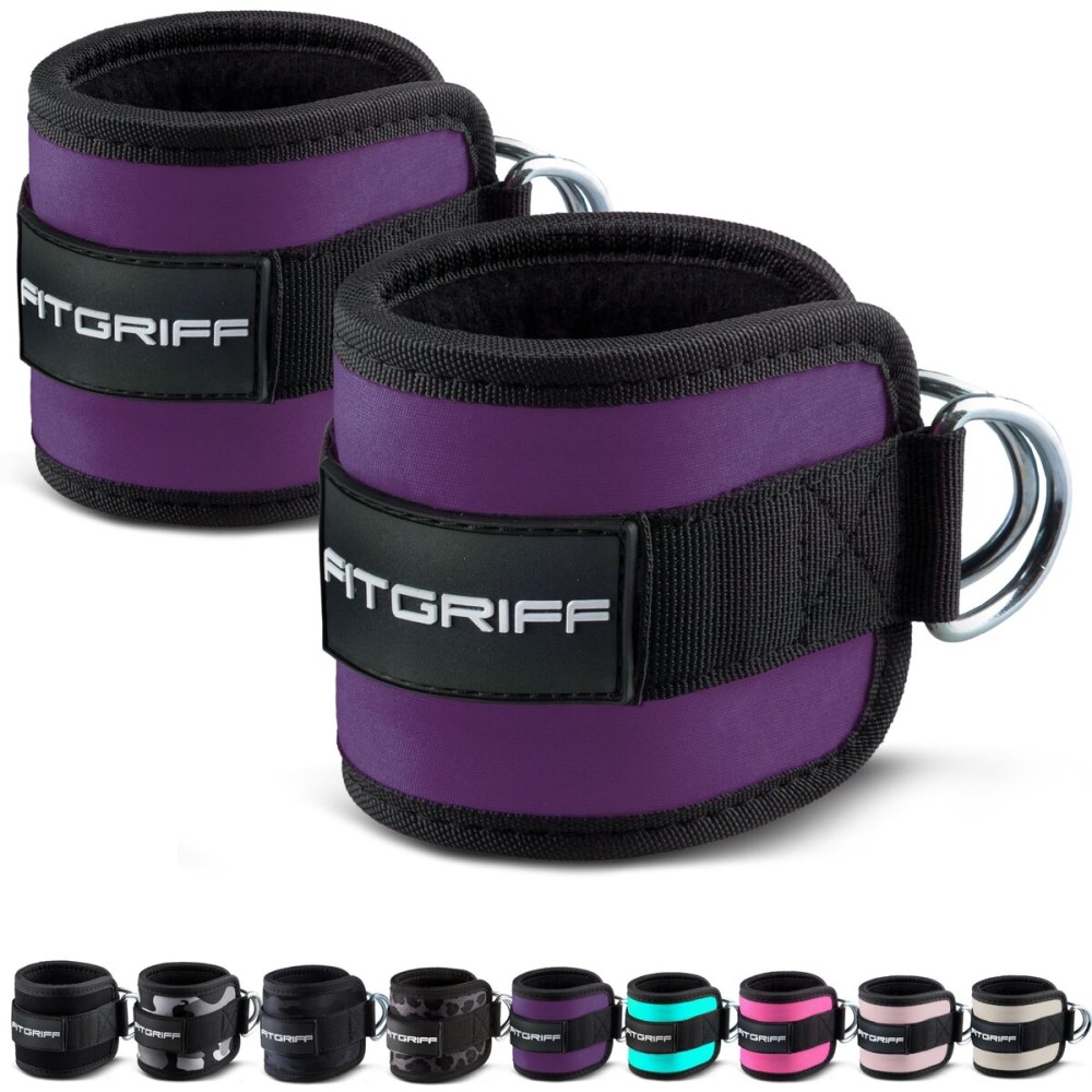 Fitgriff Ankle Straps V1 for Cable Machine (2 Pieces) - Gym Workout Equipment - Leg Pulley Attachment, Kickback Straps (Purple)