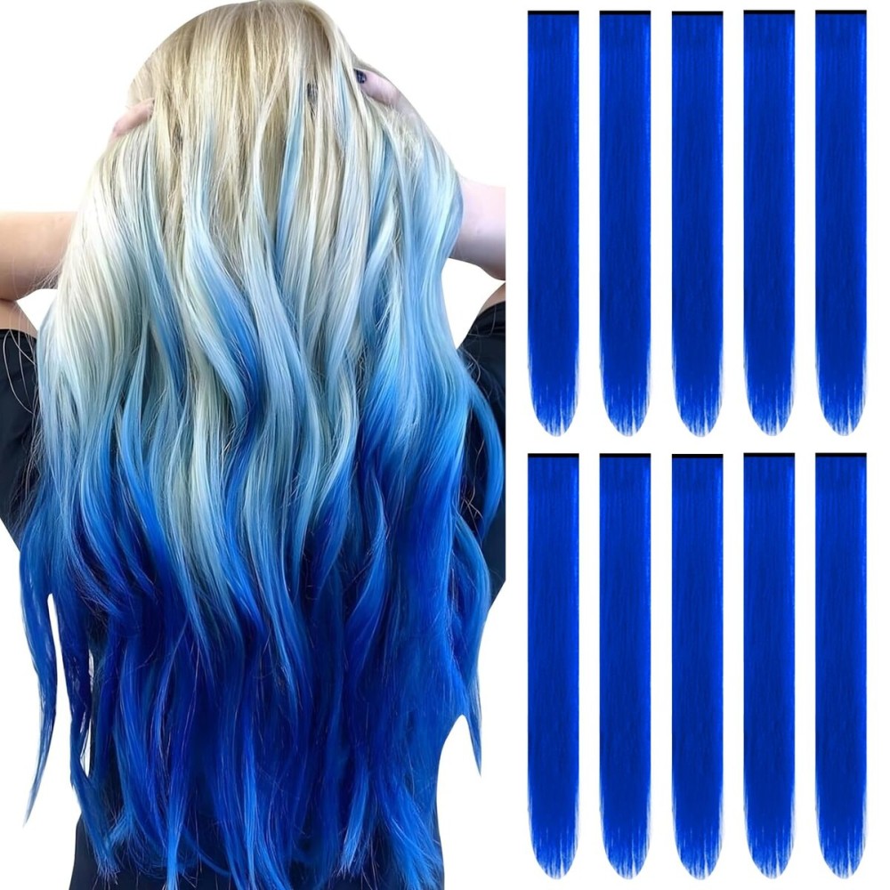 TOFAFA 22 inch Colored Hair Extensions, Colorful Party Highlights Hairpiece Clip in Long Straight Synthetic Hair Extensions for Christmas Girls Women Kids Cosplay Favor Gift(10 PCS Blue)