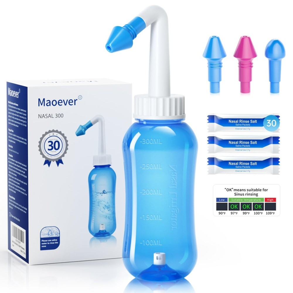 MAOEVER Neti Pot Sinus Rinse Bottle Nose Wash Cleaner Pressure Rinse Nasal Irrigation for Adult & Kid BPA Free 300 ML with 30 Nasal Wash Salt Packets and Sticker Thermometer(Blue)