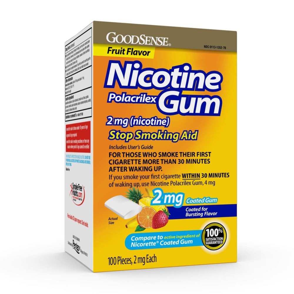 GoodSense Nicotine Polacrilex Coated Gum 2 mg (nicotine), Fruit Flavor, Stop Smoking Aid; quit smoking with nicotine gum, 100 Count