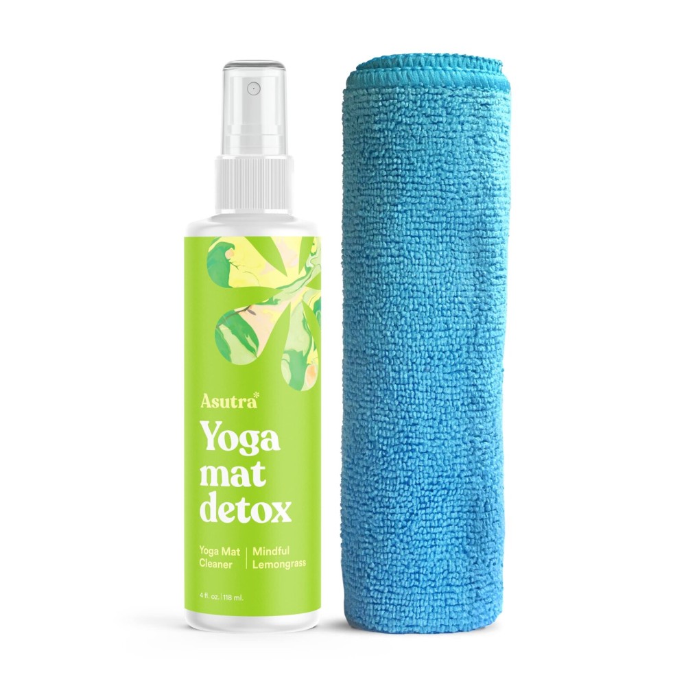 ASUTRA Yoga Mat Cleaner Spray (Mindful Lemongrass), 4 fl oz - No Slippery Residue, Organic Essential Oils Deep-Cleansing for Fitness Gear & Gym Equipment, Microfiber Towel Included