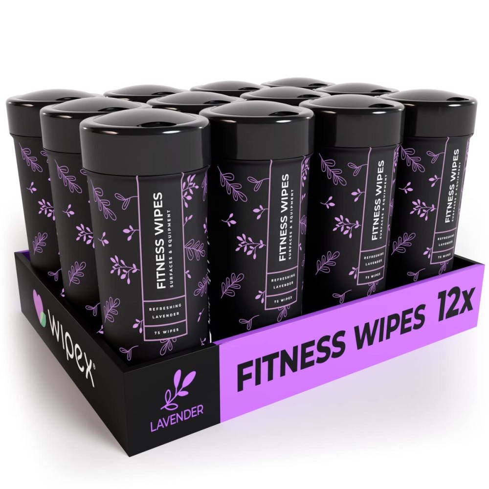 Wipex Yoga Mat Cleaner & Fitness Gym Wipes - Natural Lavender & Vinegar - 75 Count for Cleaning Yoga Mats, Spinning & Peloton Bikes, Weight Machines & Surfaces - 12 Pack Case