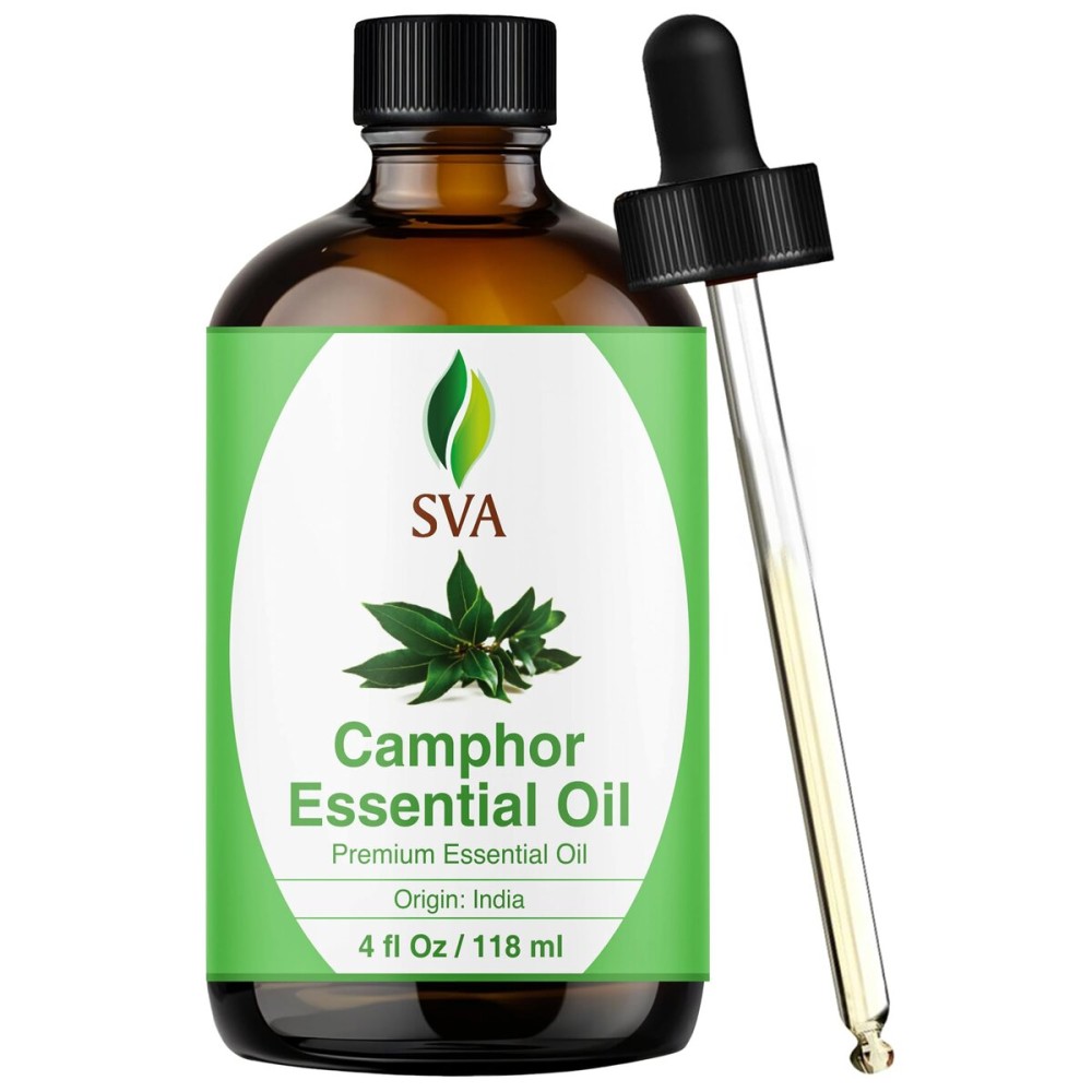 SVA Camphor Essential Oil - 4 Fl Oz - 100% Natural Camphor Oil - for Diffuser, Hair Care, Face, Skin Care, Aromatherapy, Scalp and Body Massage, Soap and Candle Making - with Dropper