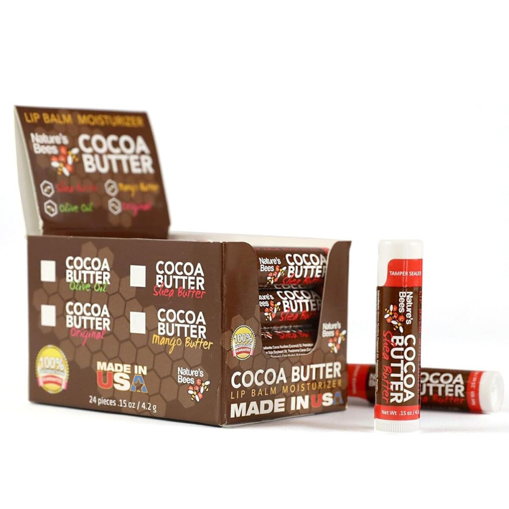 Nature\'s Bees Cocoa Butter Lip Balm Moisturizer, Shea Butter Flavor, Hydrating Lip Care for Dry Lips, Made in the USA with Coconut Oil, Beeswax, Vitamin E, and Aloe, 0.15 oz Each, 24 Pack