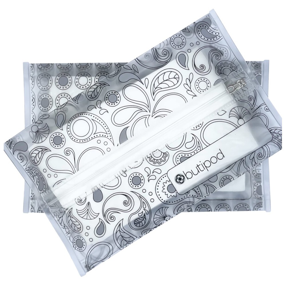 Butipods Reusable Travel Wipes Case - Portable Moisture-Retaining Pouch, Slim Holder, Convenient Container for Diaper Bag, Dispenser for Hand, Face, Makeup Wet Wipes - Set of 2 (Black Paisley Dots)