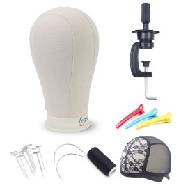 EERYA 21-24 Inch Canvas Block Head Set for Wig Display Making Hair Weave and Styling Mannequin Head with Mount Hole C Stand, Styling Hair Clips, T Needle, C Needles, Thread, Lace Wig Caps (22 Inch)