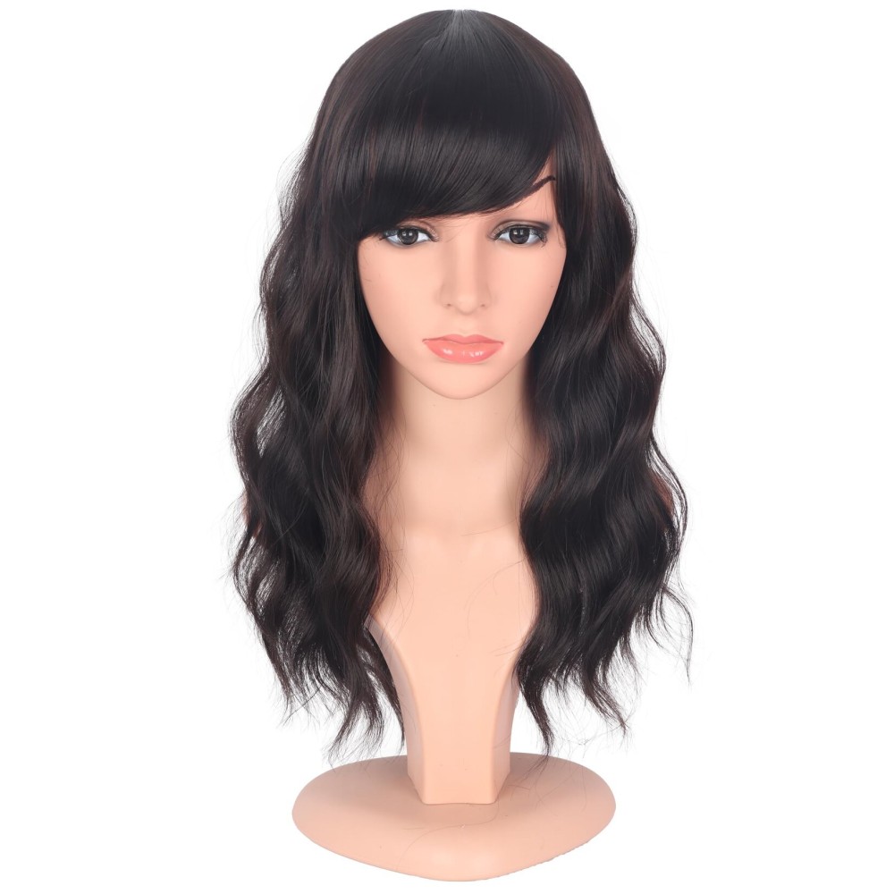 SYMEIW Medium Length Dark Brown Wavy Wigs With Bangs For Women - Heat Resistant Synthetic Brown Wigs For Daily Use (DARK BROWN(2))