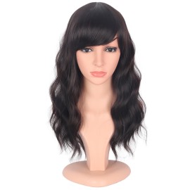 SYMEIW Medium Length Dark Brown Wavy Wigs With Bangs For Women - Heat Resistant Synthetic Brown Wigs For Daily Use (DARK BROWN(2))