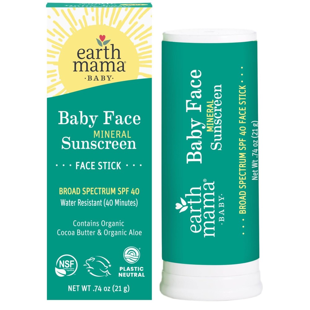 Earth Mama Baby Face Mineral Sunscreen Stick SPF 40 | Non-Nano Zinc, Contains Organic Cocoa Butter & Aloe | Babies, Kids & Family 0.74-Ounce