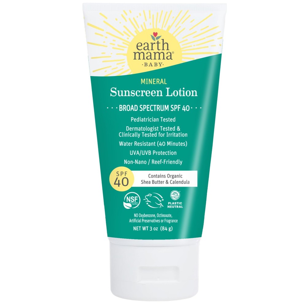 Earth Mama Baby Mineral Sunscreen Lotion SPF 40 | Non-Nano Zinc, Natural Water Resistant Sun Cream for Babies, Kids & Adults, 3-Ounce