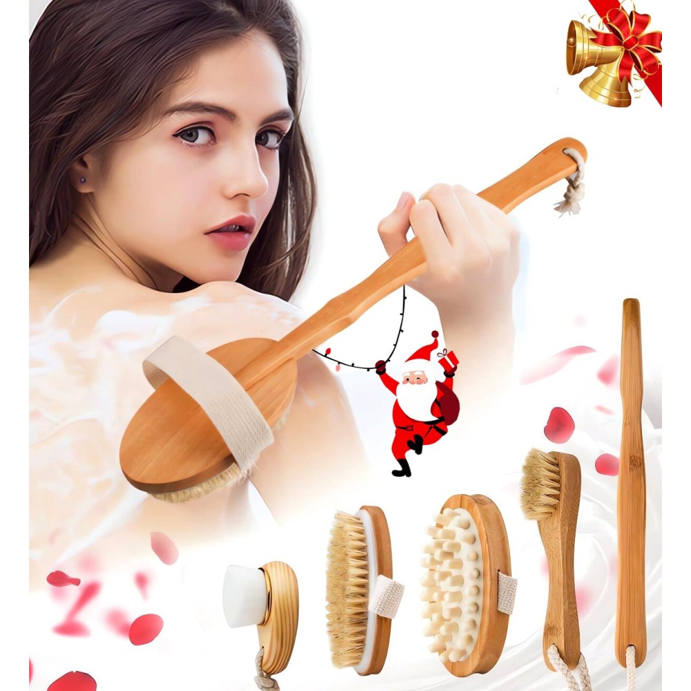 Zeutch Premium Dry Brushing Body Brush Set for Lymphatic Drainage and Cellulite Treatment, Boar Bristle Long Handle Face Cleansing Brush for A Glowing Skin, 5 Pack