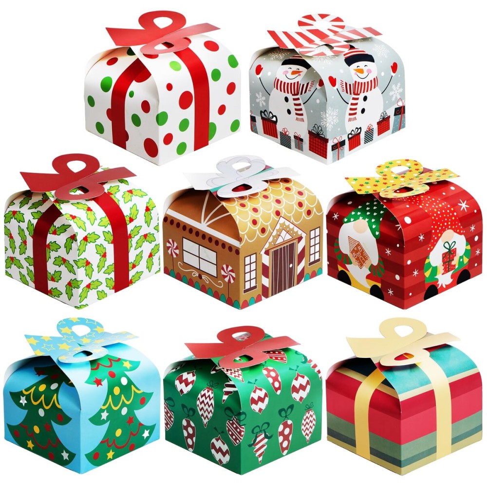 JOYIN 24 PCS 3D Christmas Goody Gift Boxes with Bow for Holiday Xmas Goodie Paper Boxes, School Classroom Party Favor Supply, 6 x 6 x 5.5 8 Designs Candy Treat Cardboard Cookie Box for Gift Giving