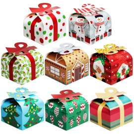 JOYIN 24 PCS 3D Christmas Goody Gift Boxes with Bow for Holiday Xmas Goodie Paper Boxes, School Classroom Party Favor Supply, 6 x 6 x 5.5 8 Designs Candy Treat Cardboard Cookie Box for Gift Giving