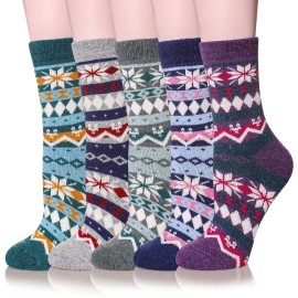 Velice Women Wool Socks Thick Thermal Hiking Warm Winter Crew Cushion Cozy Work Boot Socks 5 Pairs(Various Color)