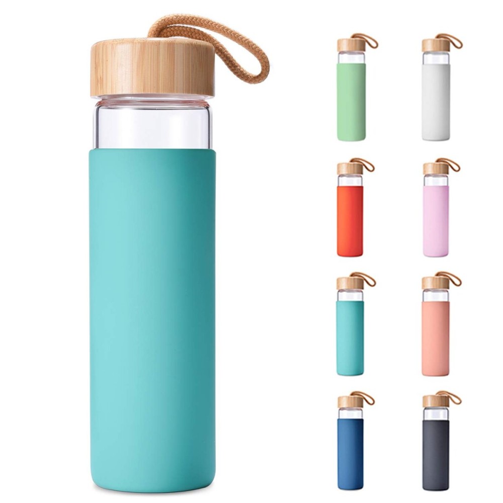 Yomious 20 Oz Borosilicate Glass Water Bottles with Silicone Sleeve BPA Free, Dishwasher Safe - Reusable Clear Glass Drinking with Leak Proof Bamboo Lid | Perfect Gym Water Bottles for Men & Women