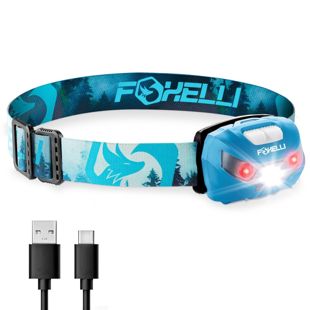 Foxelli USB-C Rechargeable LED Headlamp - Super Bright, Lightweight Head Lamp for Running, Camping, Hiking & Work - Comfortable Fit for Adults & Kids