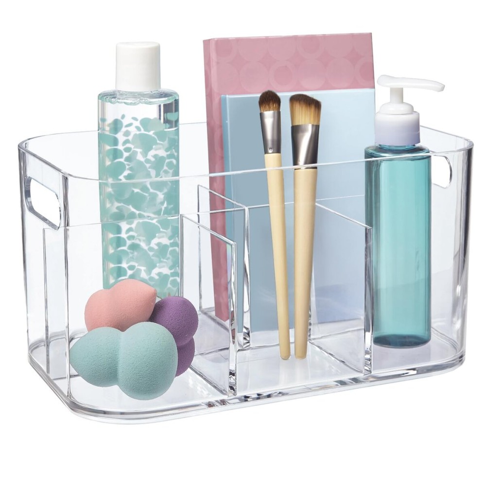 STORi Bliss 5-Compartment Plastic Cosmetics Storage Organizer | Clear | Rectangular Divided Makeup Bin & Vanity Caddy with Pass-Through Handles | Round Corner Design | Made in USA