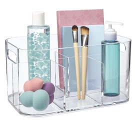 STORi Bliss 5-Compartment Plastic Cosmetics Storage Organizer | Clear | Rectangular Divided Makeup Bin & Vanity Caddy with Pass-Through Handles | Round Corner Design | Made in USA