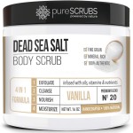 pureSCRUBS Premium Vanilla Body Scrub Set - Large 16oz Dead Sea Salt Body Scrub With Infused Essential Oils & Nutrients, Includes Wooden Spoon, Loofah & Oatmeal Exfoliating Bar Soap