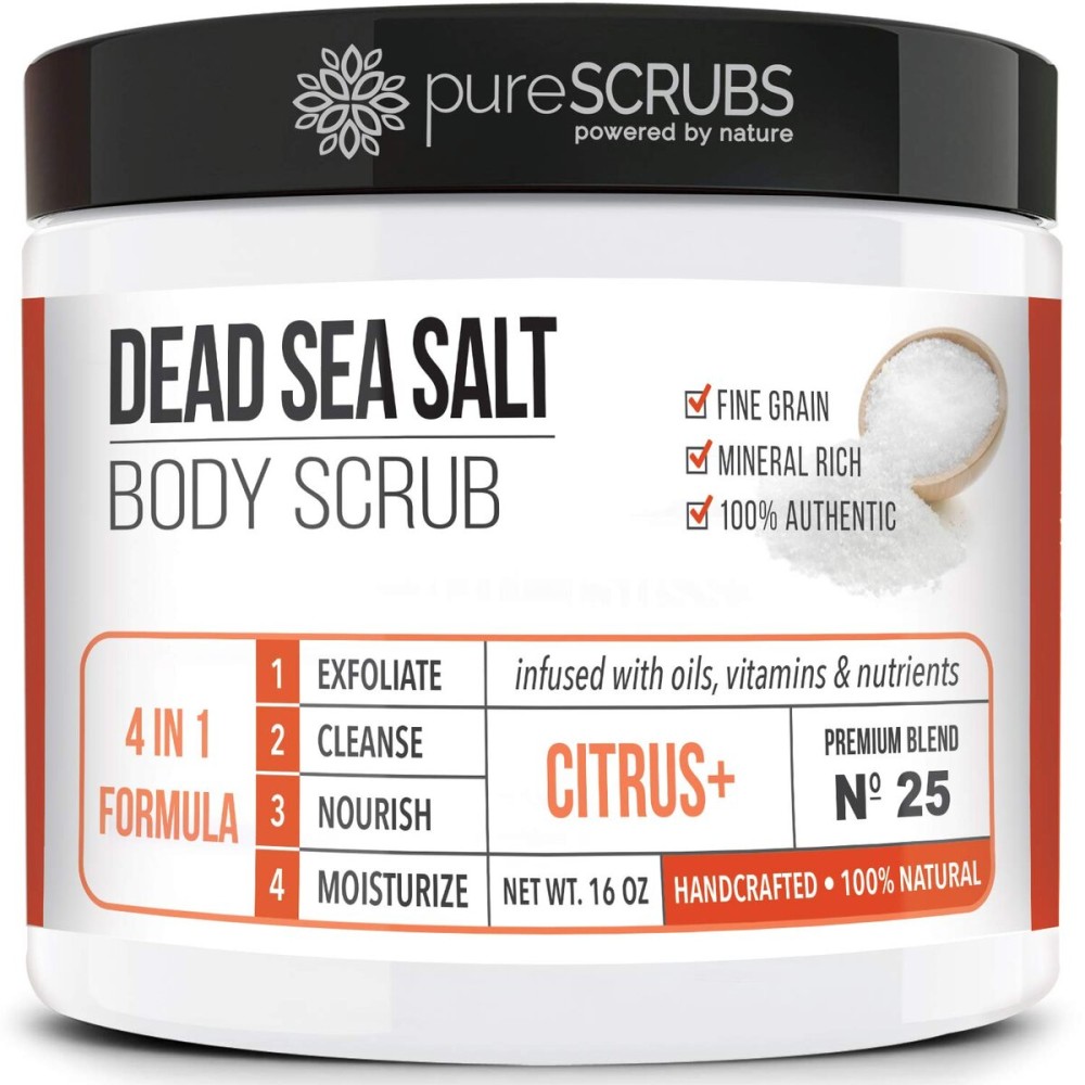 pureSCRUBS Premium Citrus Body Scrub Set - Large 16oz Dead Sea Salt Body Scrub With Infused Essential Oils & Nutrients, Includes Wooden Spoon, Loofah & Oatmeal Exfoliating Bar Soap