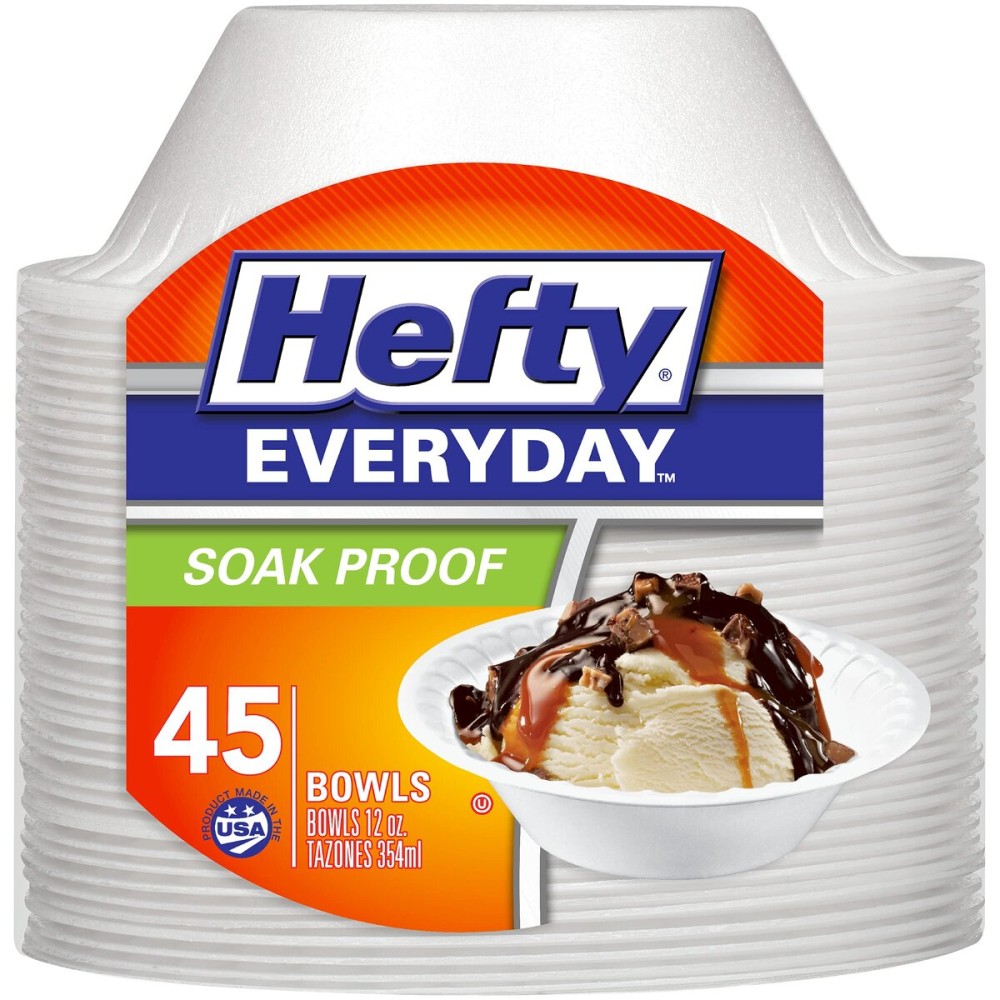 Hefty Everyday Soak-Proof Foam Bowls, White, 12 Ounce, 45 Count