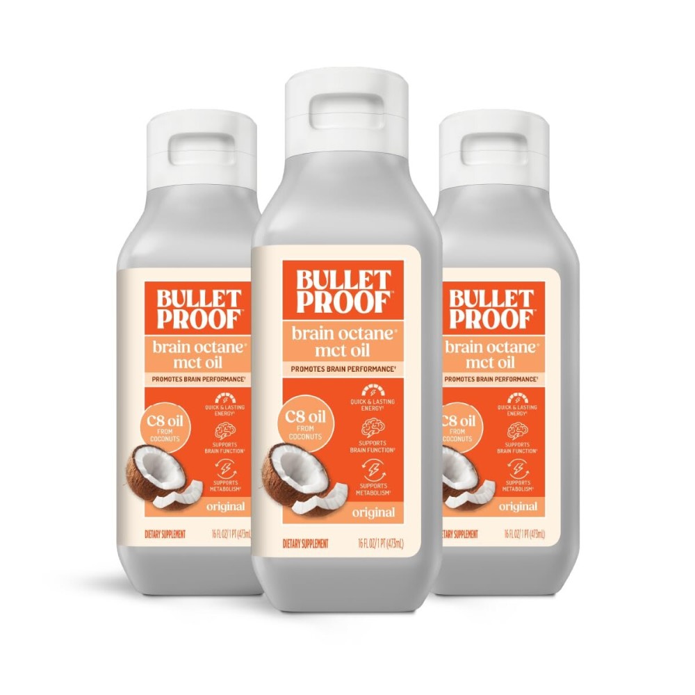 Bulletproof Coconut Brain Octane C8 MCT Oil, 16 Ounces (Pack of 3), Premium Keto Supplement for Sustained Energy, Brain and Body Fuel, Unflavored, Add to Coffee and Smoothies, Packaging May Vary