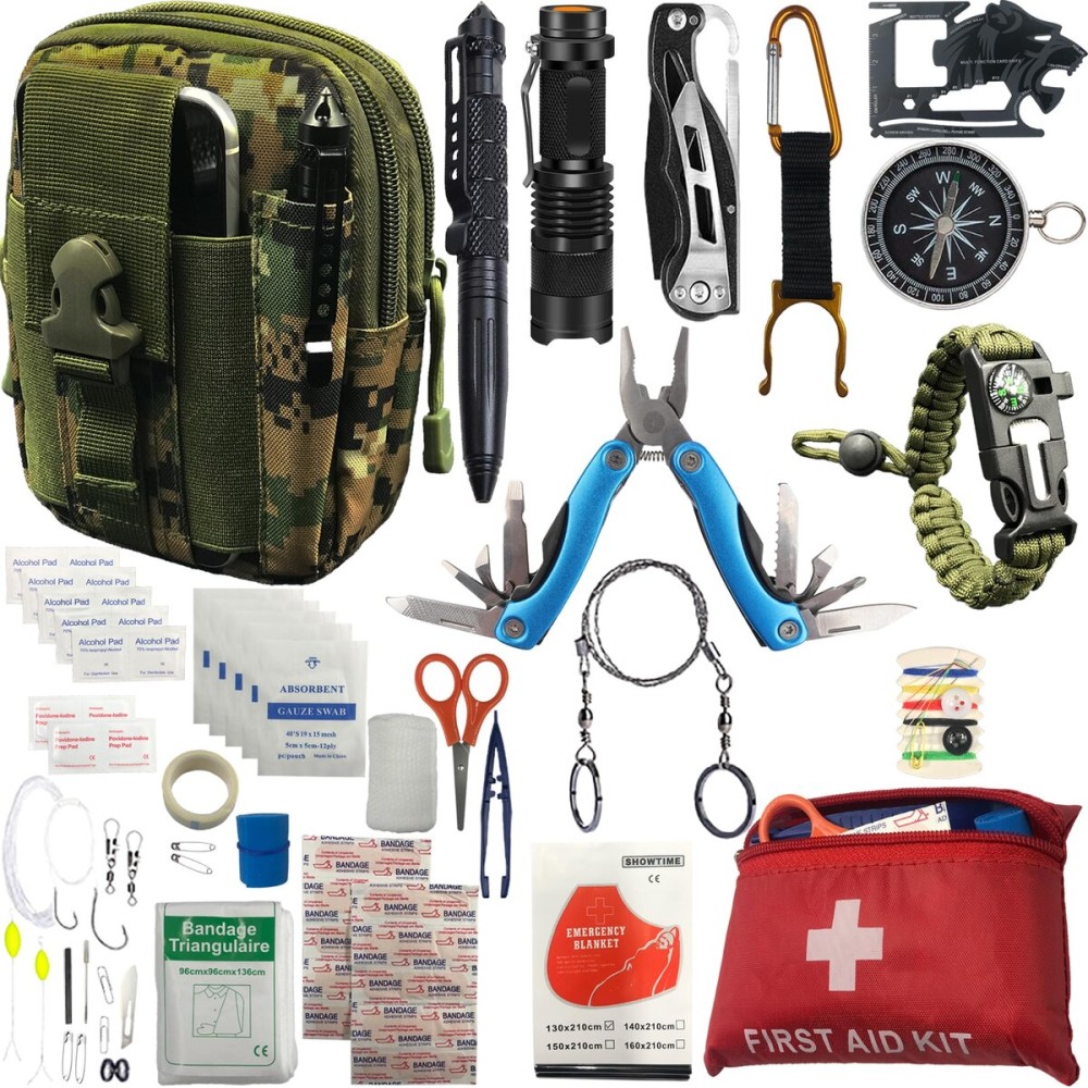 Survival Kit Emergency Supplies -67 Pcs, 14-in-1 Survival Gear: First Aid, Compass, Flashlight, Bracelet, plier, Saw & More for Outdoor Camping, Hiking & Survival. Gift for Men Boyfriends Boys Dads