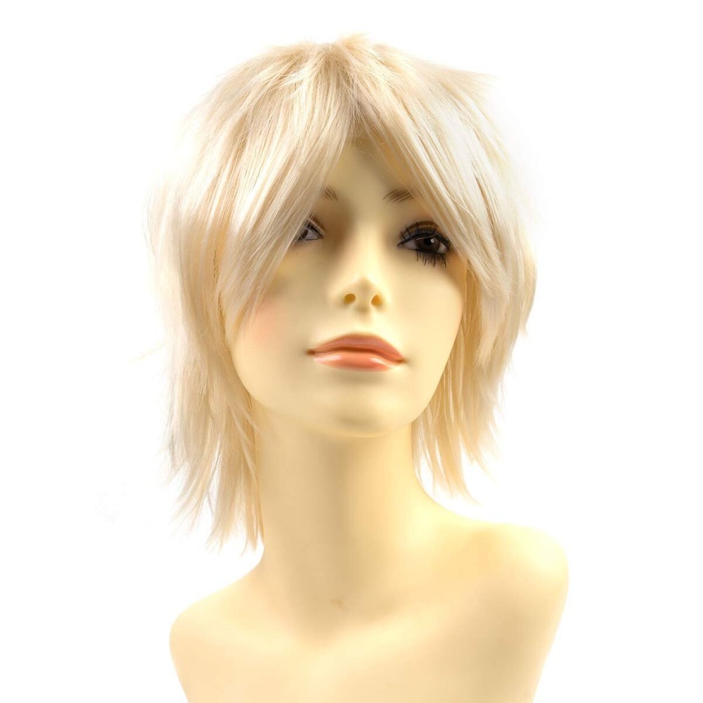Modernfairy Anime Halloween Wig Platinum Blonde for Cosplay Party, Synthetic Layered Short Hair Wigs with Bangs, Pastel Wigs for Women Men