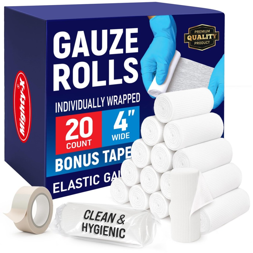 Premium Gauze Rolls - (20 Pack) - 4 x 4.1yd First Aid Rolled Gauze - Individually Wrapped + Bonus Tape - Breathable Conforming Gauze Wrap Roll for Wounds