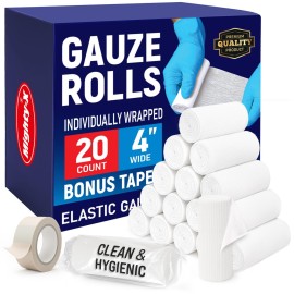 Premium Gauze Rolls - (20 Pack) - 4 x 4.1yd First Aid Rolled Gauze - Individually Wrapped + Bonus Tape - Breathable Conforming Gauze Wrap Roll for Wounds