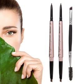 2 Pack Eyebrow Pencil, Waterproof Eyebrow Makeup with Dual Ends, Professional Brow Enhancing Kit with Eyebrow Brush (Dark Brown 1)